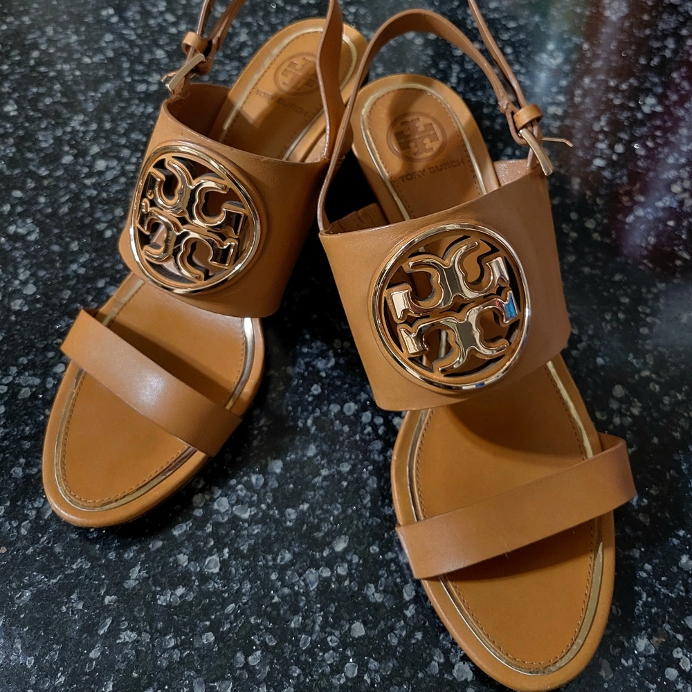 Tory Burch Metal Miller Wedge Heel Sandals Tan/Rose Gold Size 7.5 - Picture 2 of 15